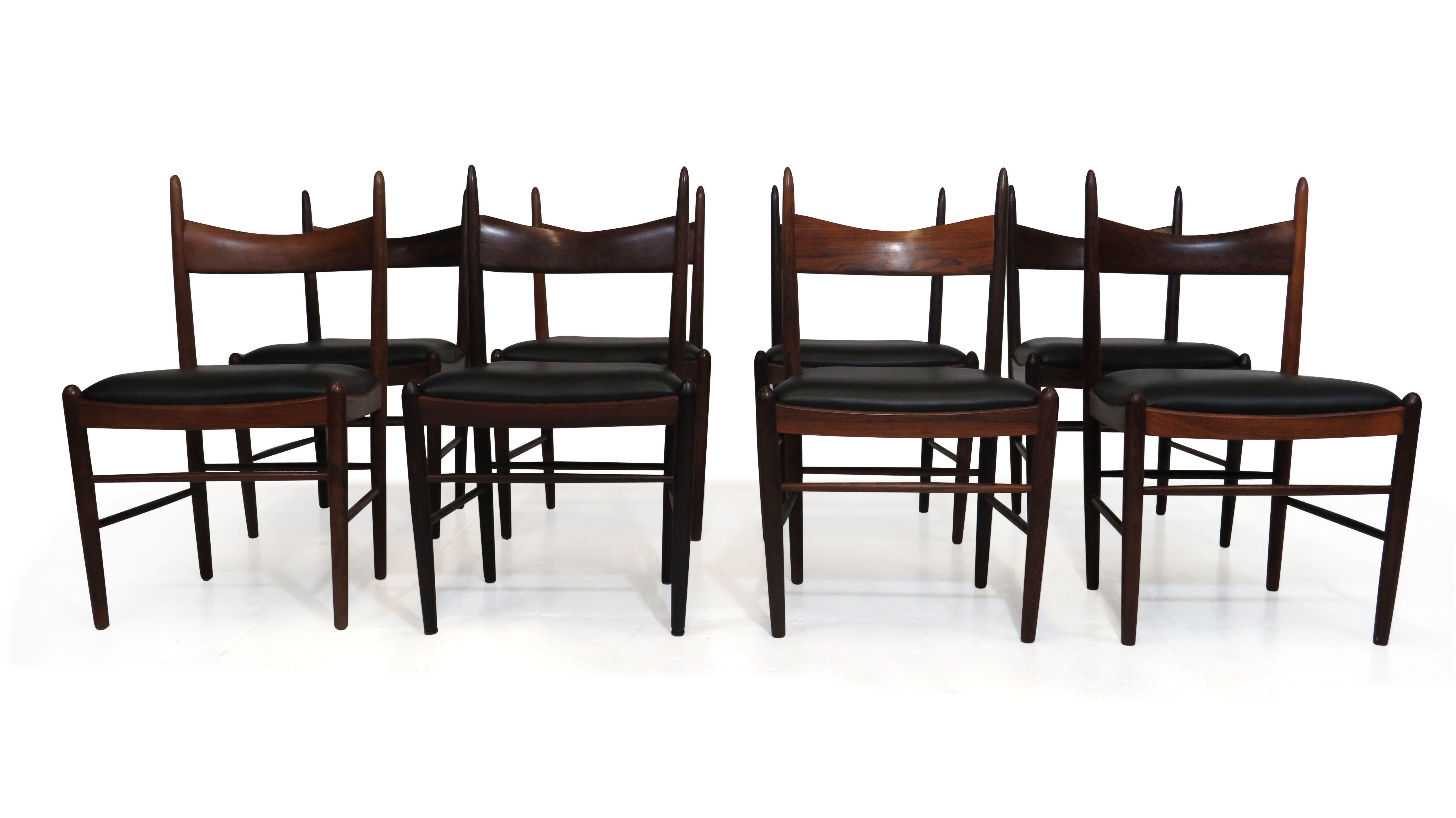 Mid-Century Modern Eight Brazilian Rosewood Dining Chairs in New Black Leather