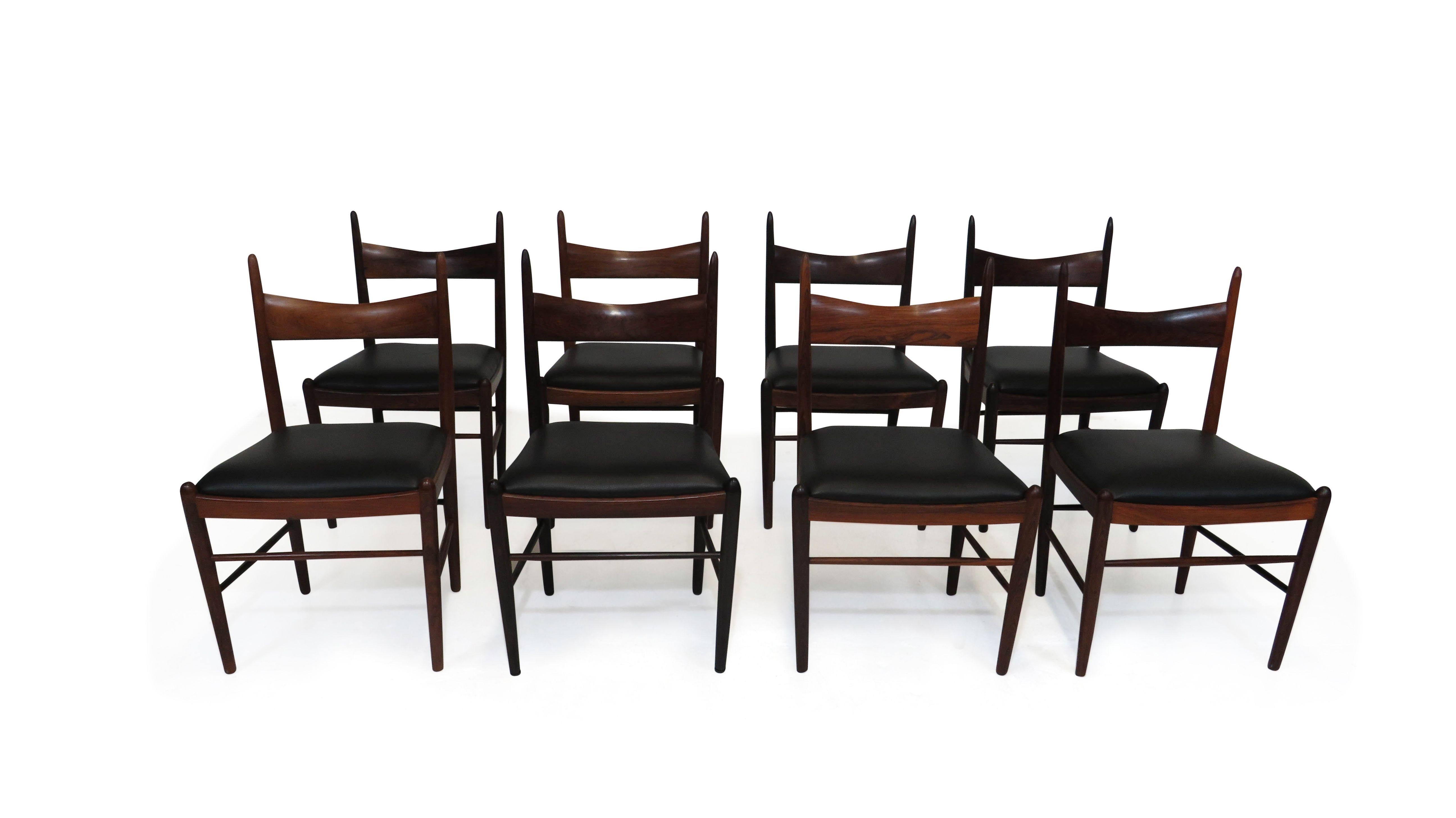 Danish Eight Brazilian Rosewood Dining Chairs in New Black Leather