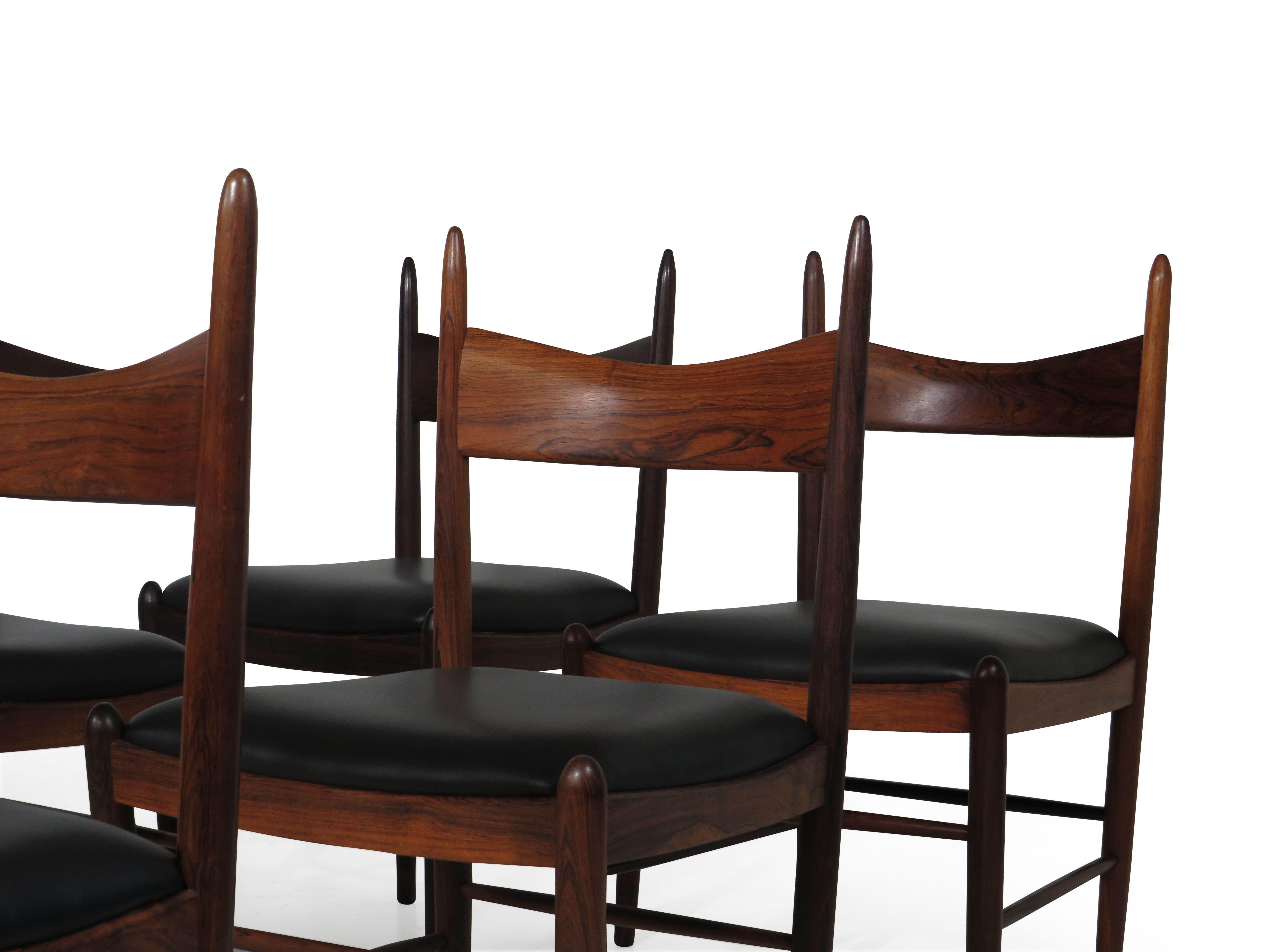 Eight Brazilian Rosewood Dining Chairs in New Black Leather 2