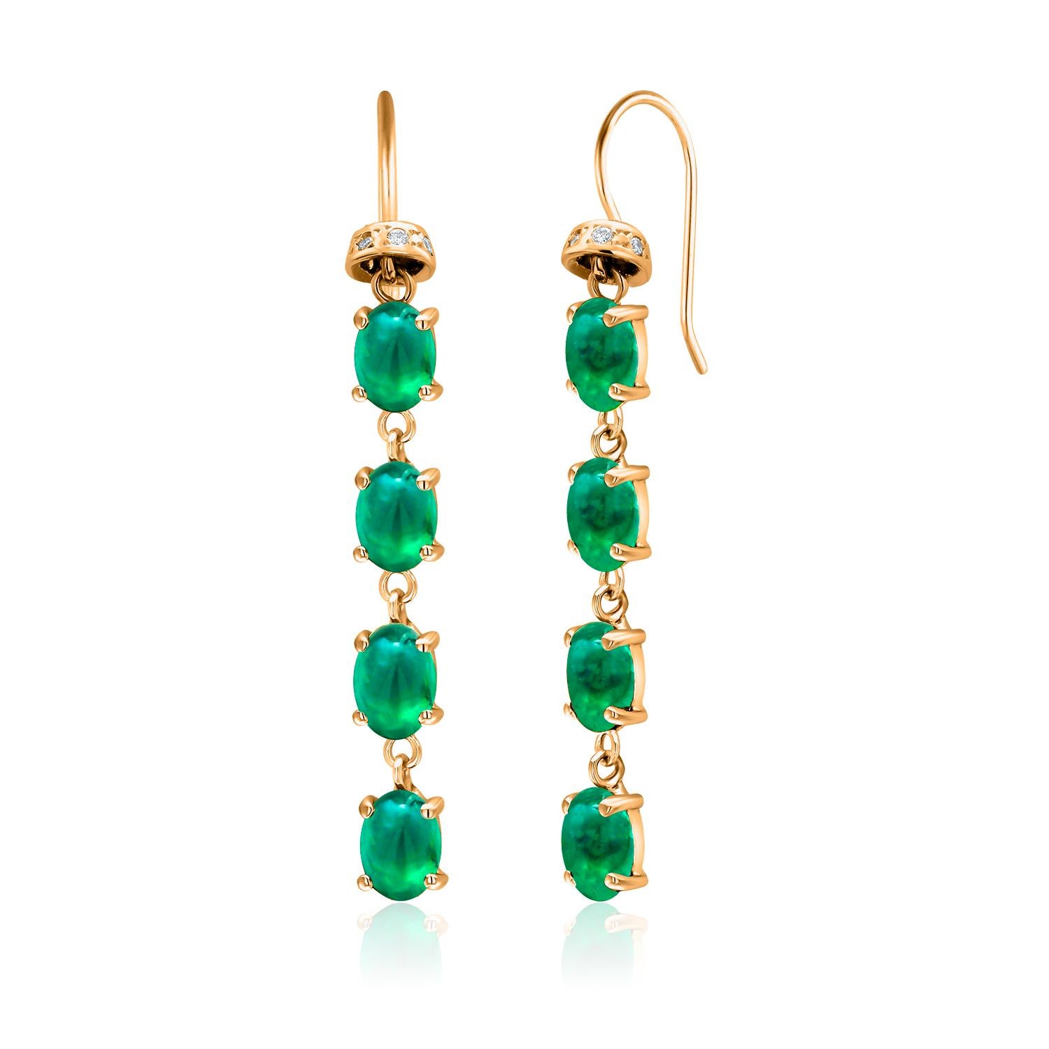 Contemporary Eight Cabochon Emerald Diamond 7 Carat Yellow Gold 1.5 Inch Hoop Earrings