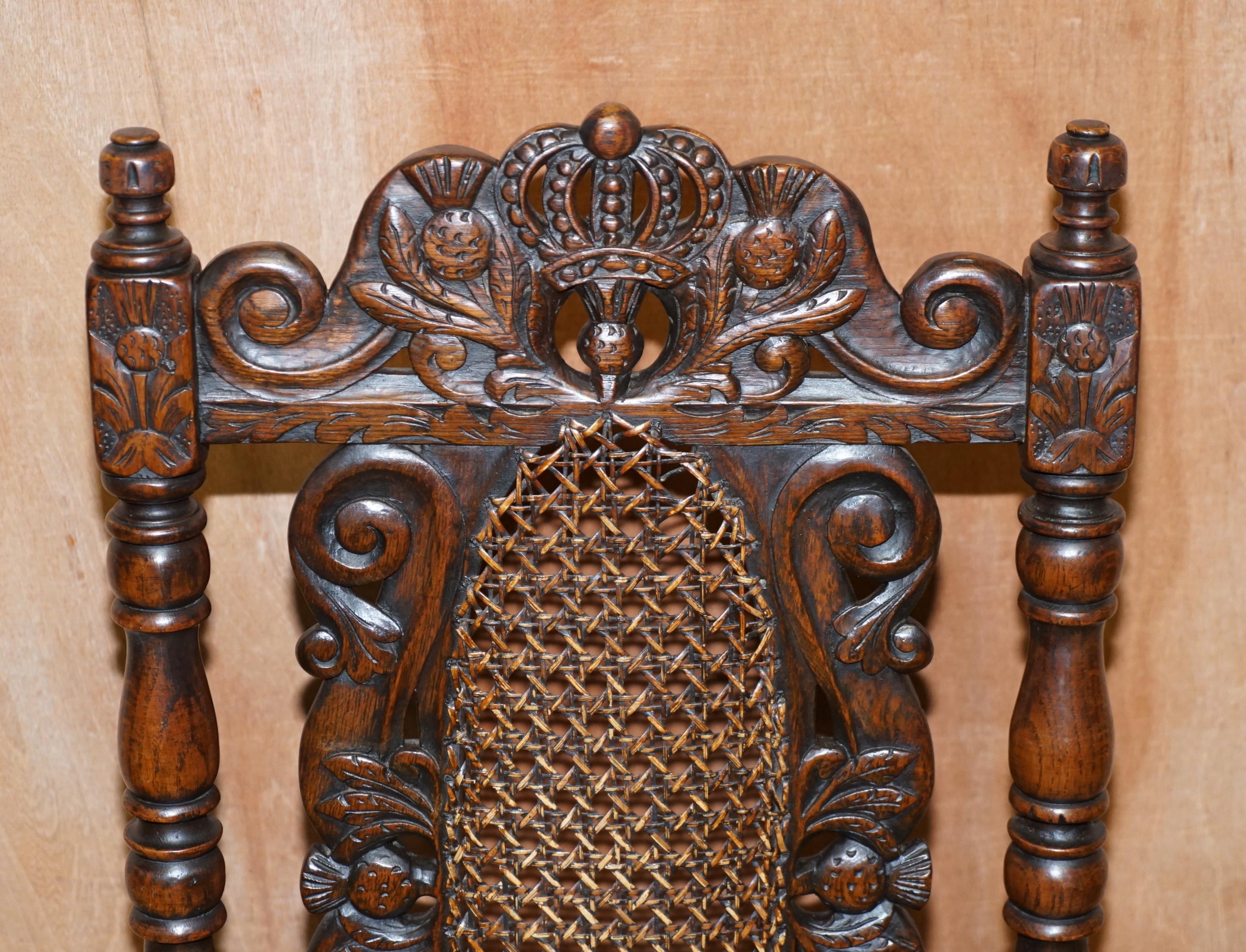 Eight Carved Jacobean Throne Dining Chairs Hand Painted & Embossed Leather Seats For Sale 4