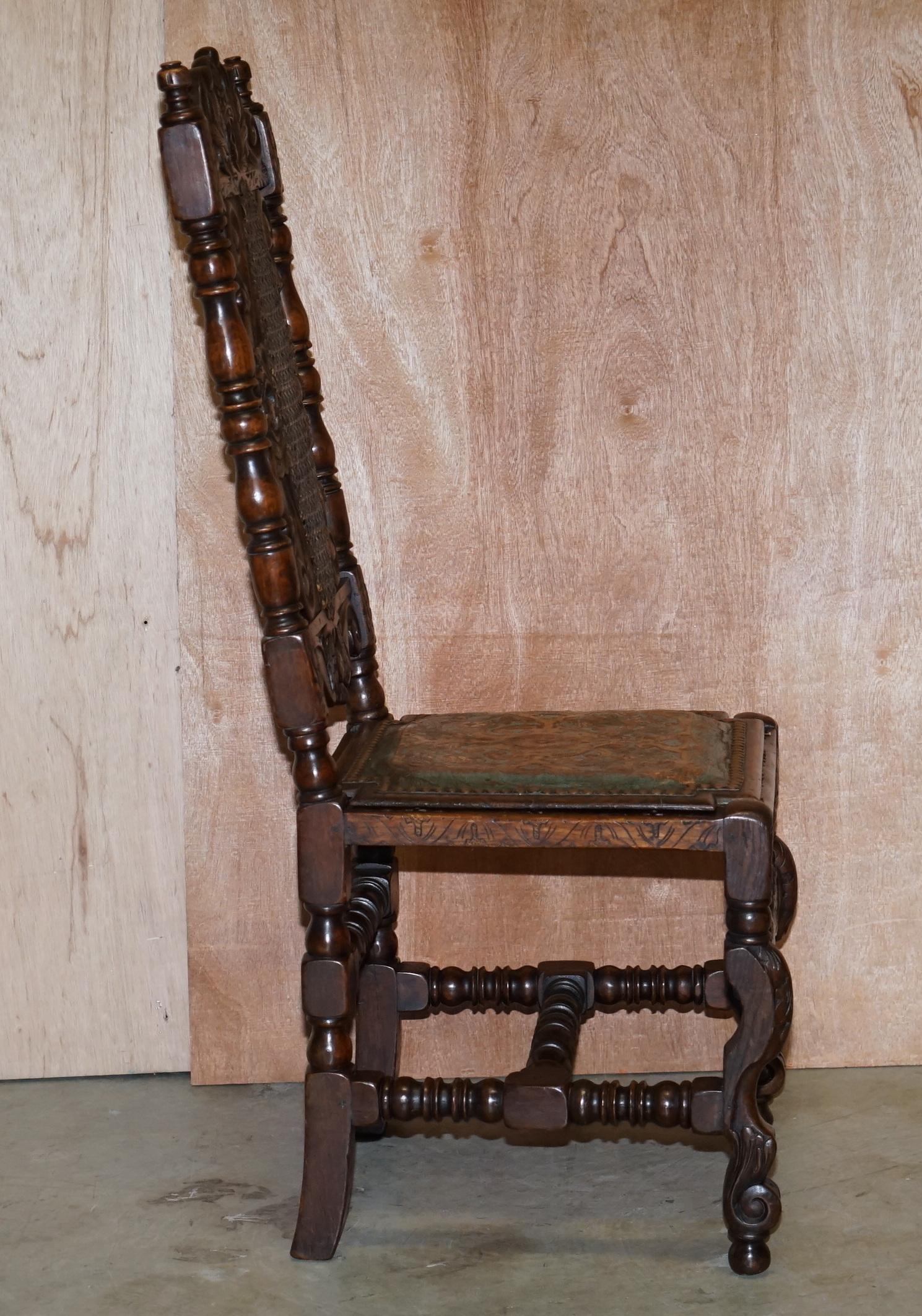 Eight Carved Jacobean Throne Dining Chairs Hand Painted & Embossed Leather Seats For Sale 5