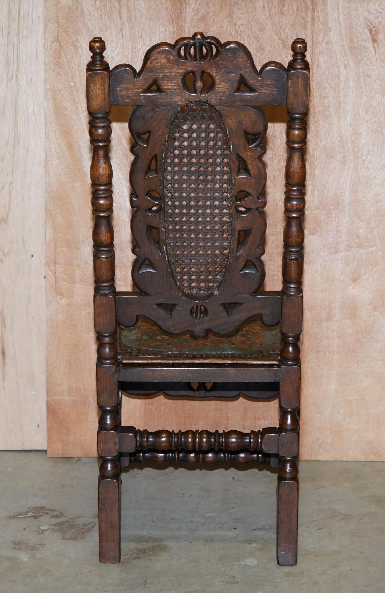 Eight Carved Jacobean Throne Dining Chairs Hand Painted & Embossed Leather Seats For Sale 6