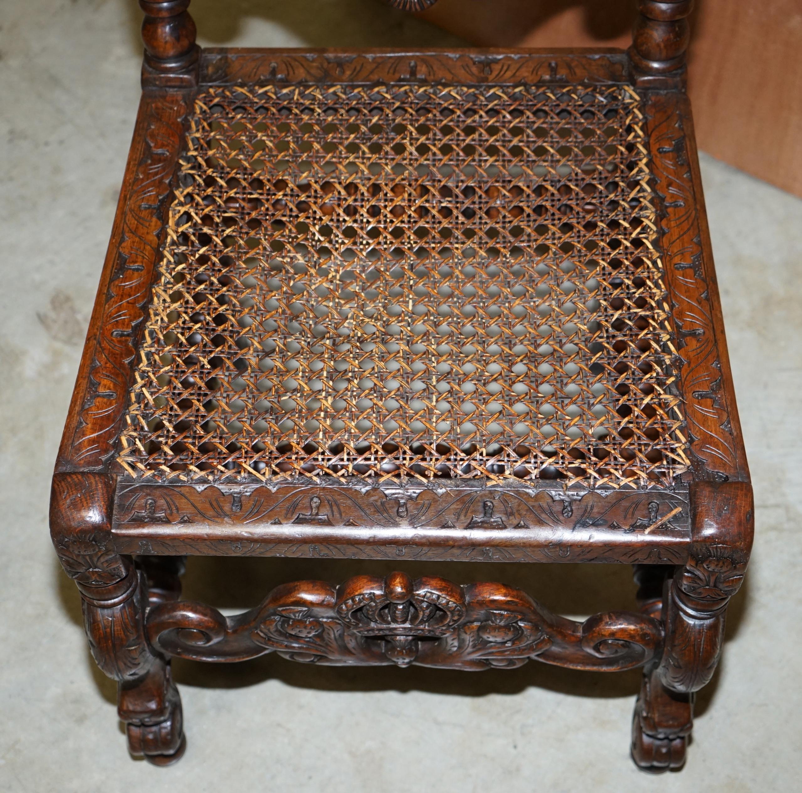 Eight Carved Jacobean Throne Dining Chairs Hand Painted & Embossed Leather Seats For Sale 7