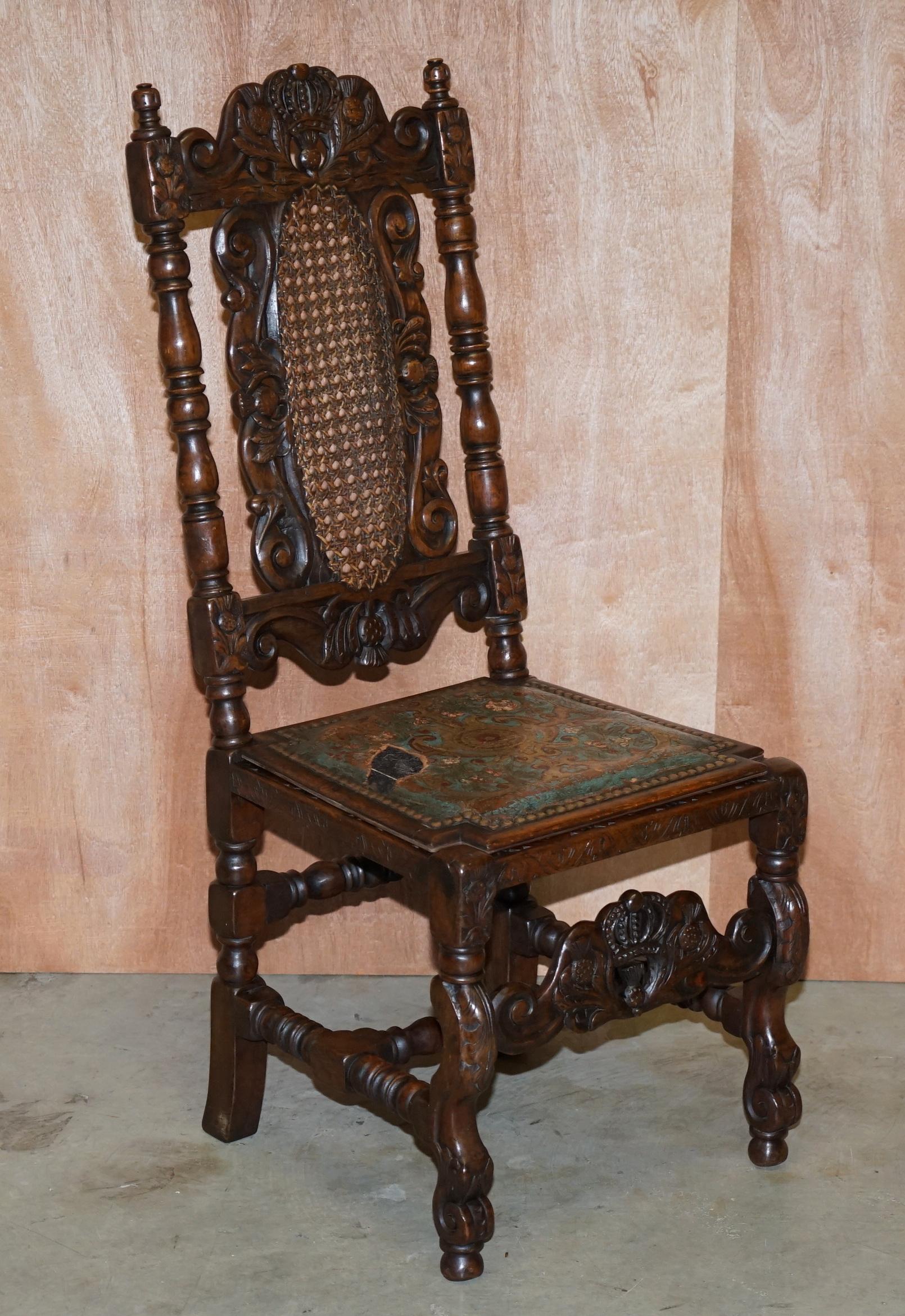 Eight Carved Jacobean Throne Dining Chairs Hand Painted & Embossed Leather Seats For Sale 8
