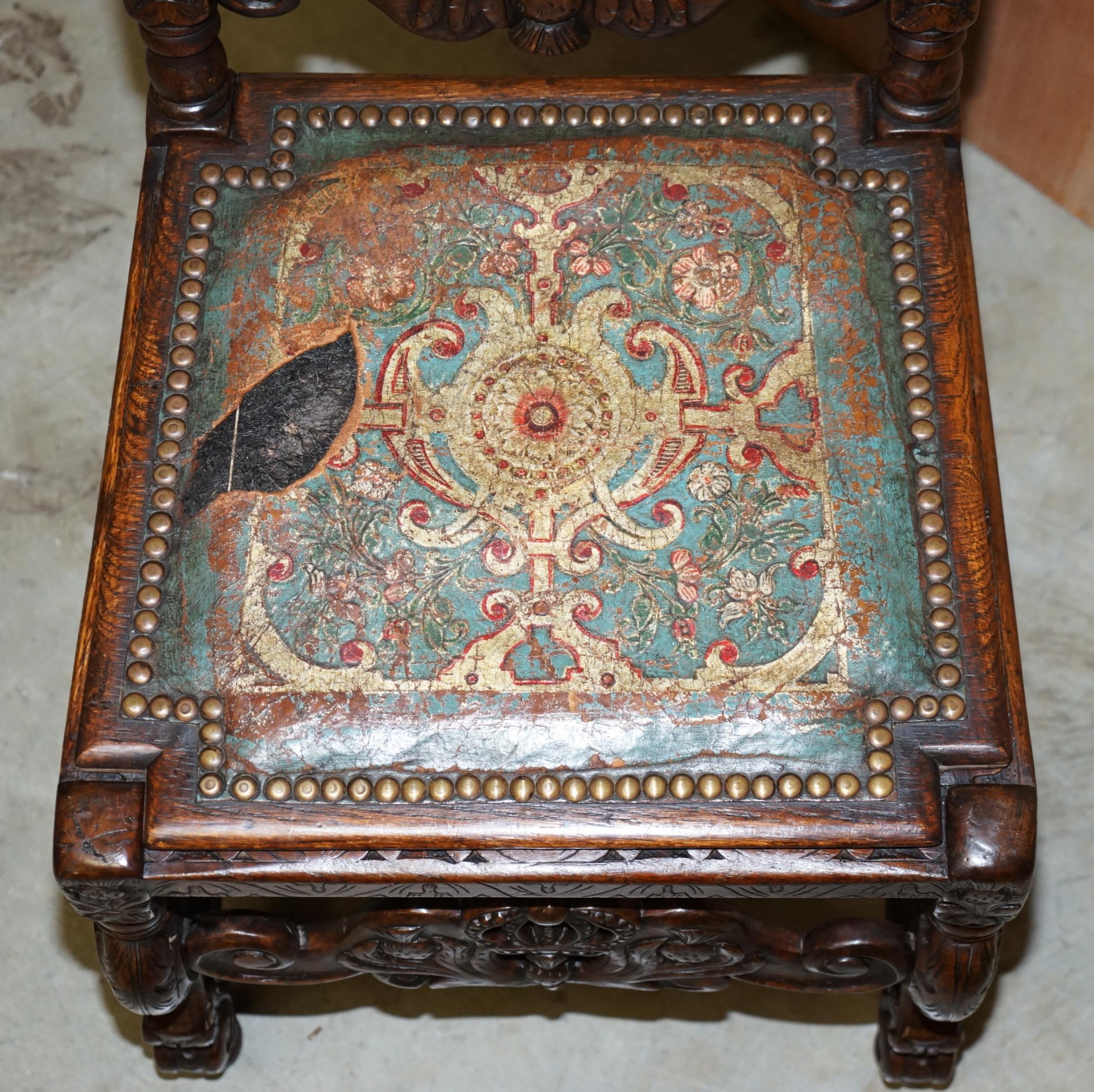 Eight Carved Jacobean Throne Dining Chairs Hand Painted & Embossed Leather Seats For Sale 9