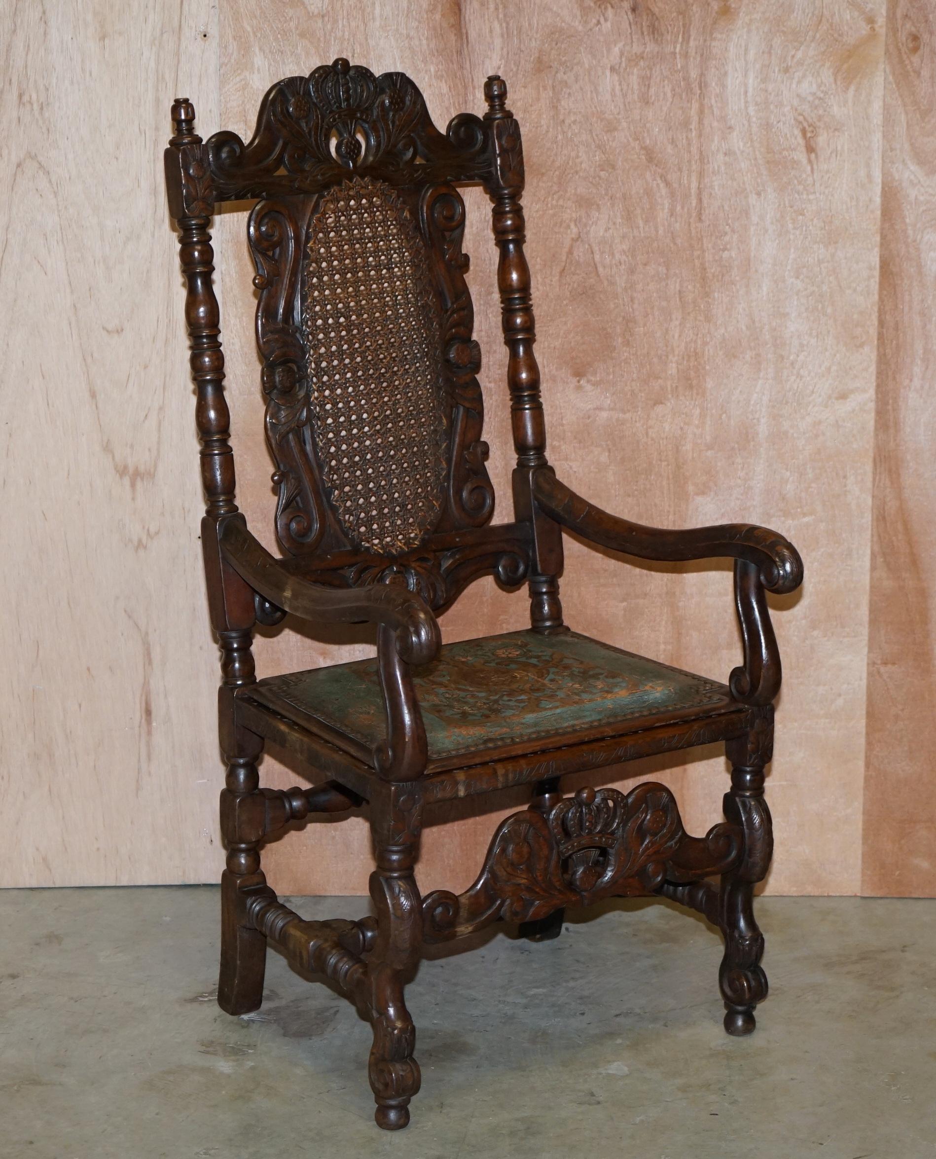 Eight Carved Jacobean Throne Dining Chairs Hand Painted & Embossed Leather Seats For Sale 11