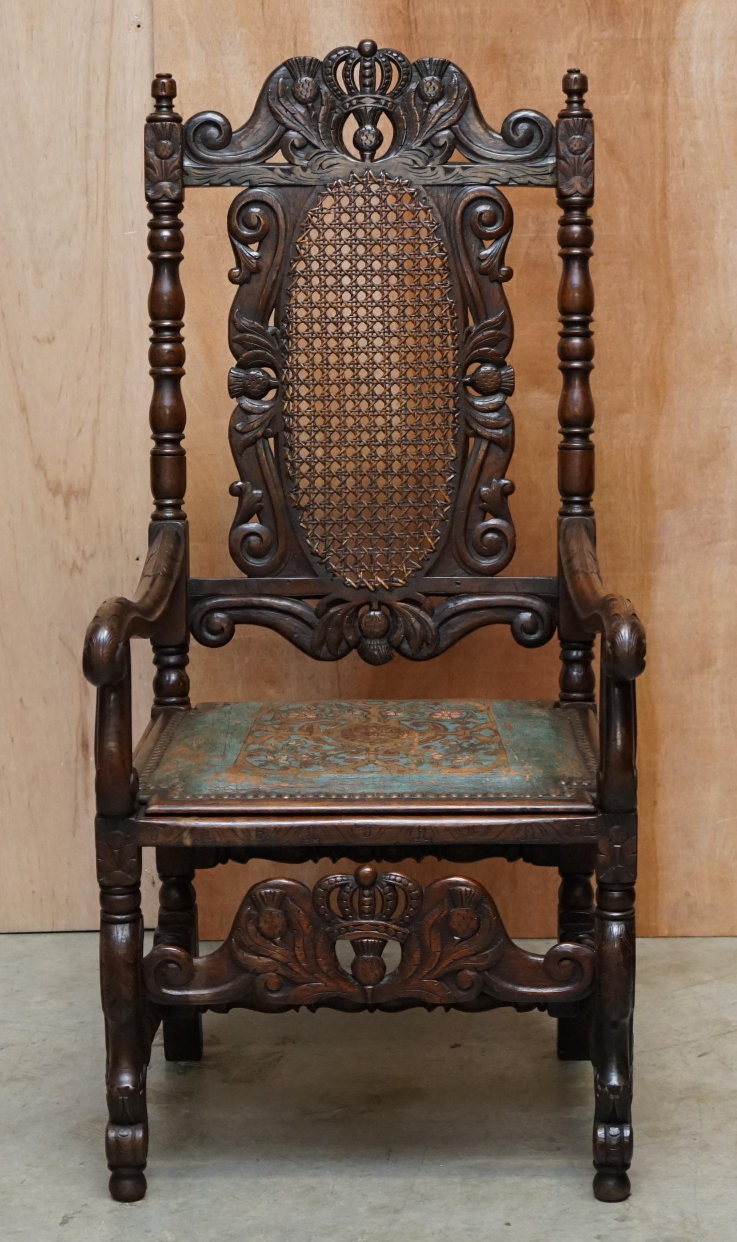 Eight Carved Jacobean Throne Dining Chairs Hand Painted & Embossed Leather Seats For Sale 12