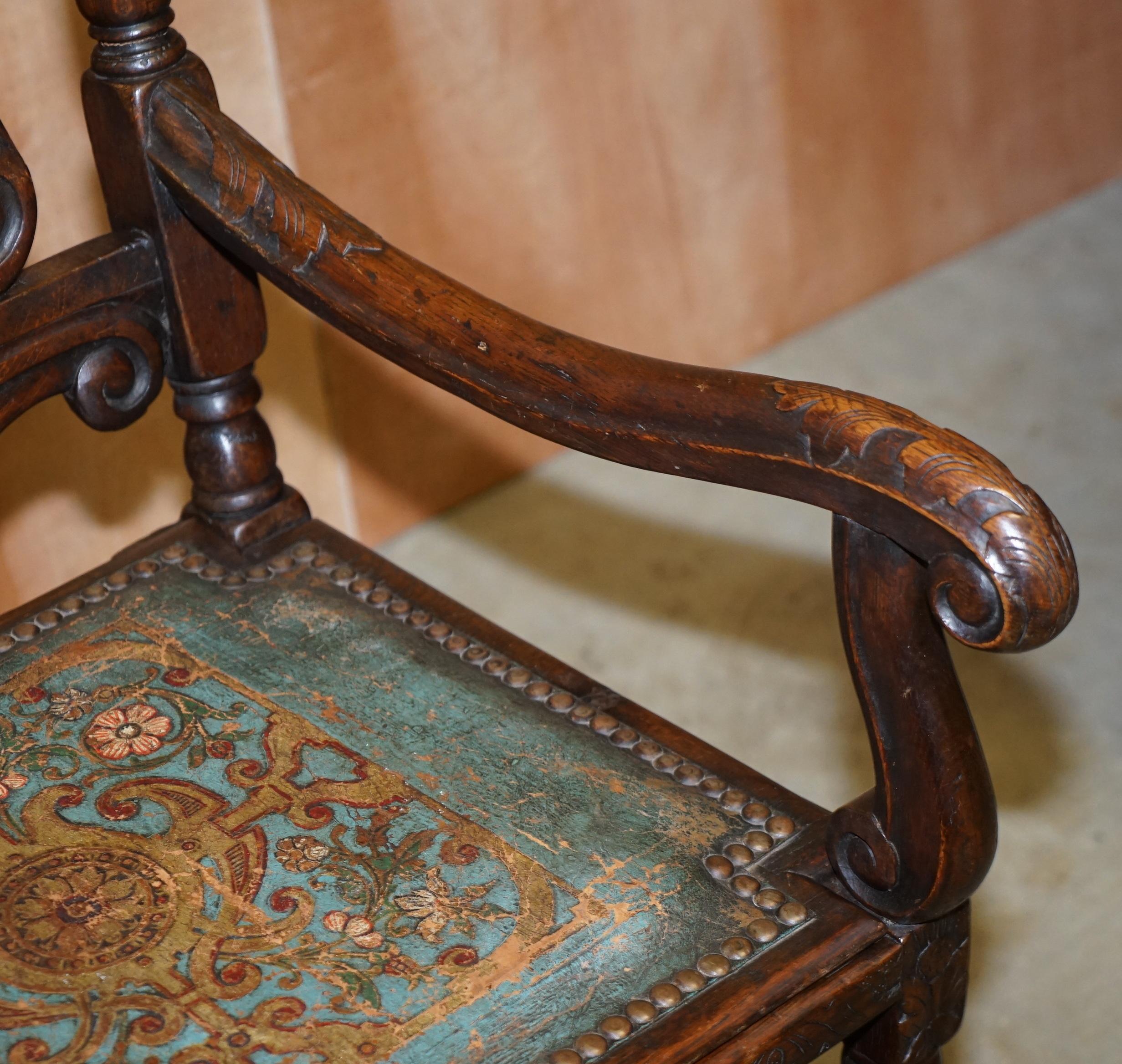 Eight Carved Jacobean Throne Dining Chairs Hand Painted & Embossed Leather Seats For Sale 13