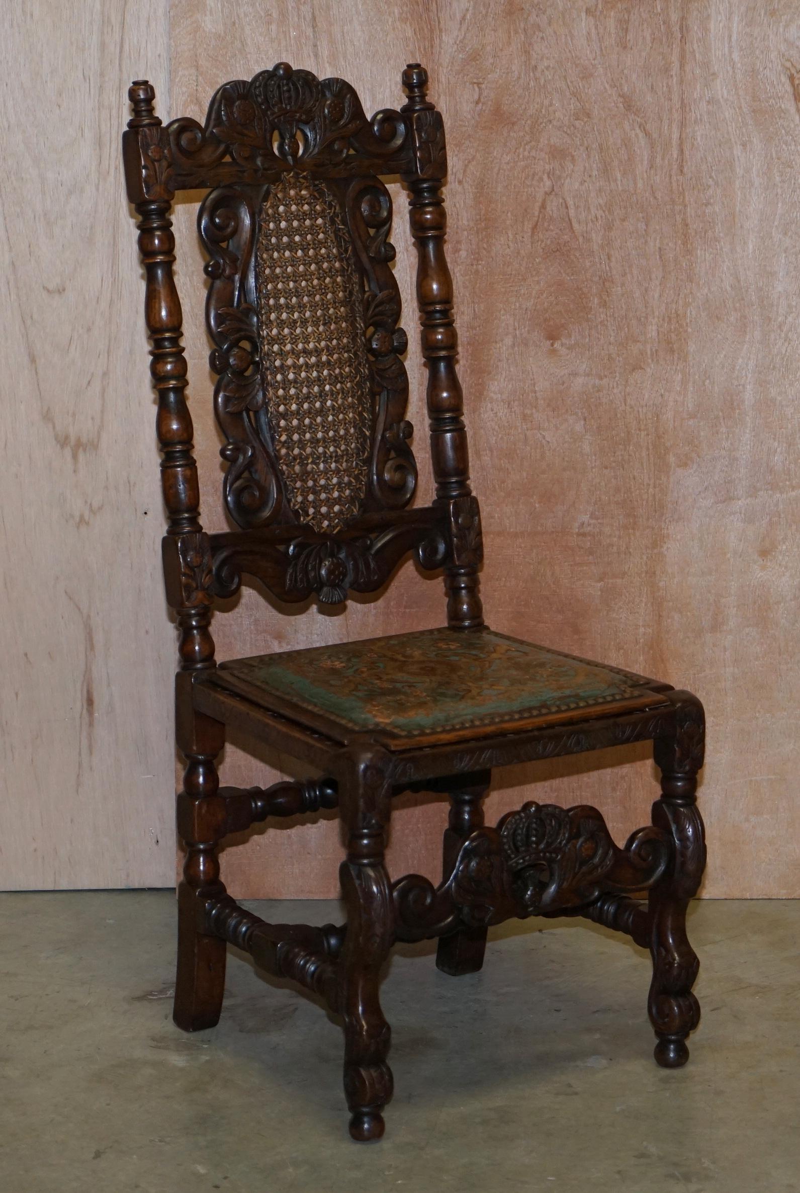 High Victorian Eight Carved Jacobean Throne Dining Chairs Hand Painted & Embossed Leather Seats For Sale