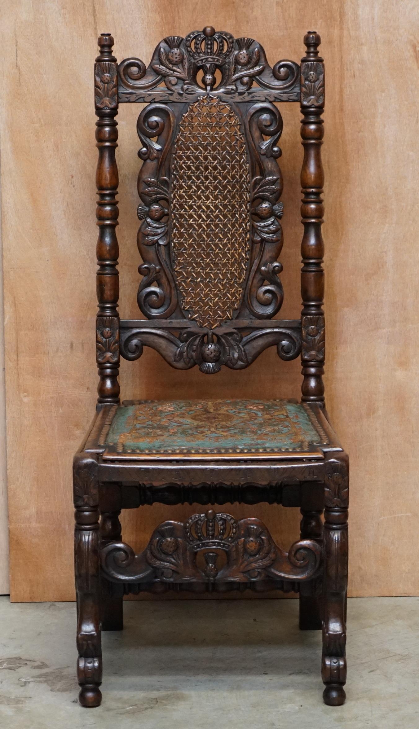 English Eight Carved Jacobean Throne Dining Chairs Hand Painted & Embossed Leather Seats For Sale