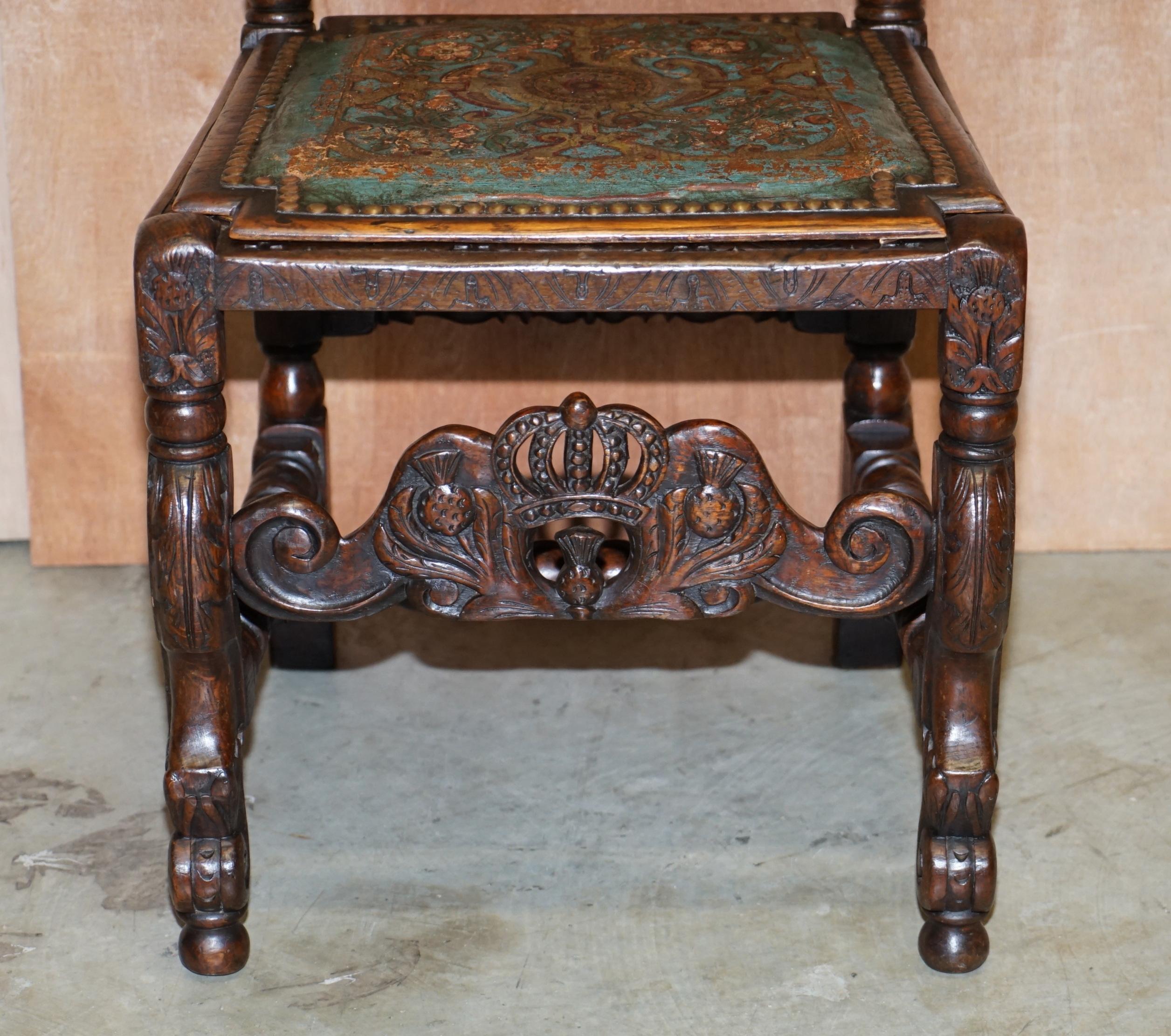 Hand-Crafted Eight Carved Jacobean Throne Dining Chairs Hand Painted & Embossed Leather Seats For Sale