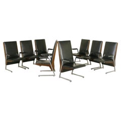 Eight Chairs with Armrests Stained Beech Foam Leatherette Metal, Italy, 1960s