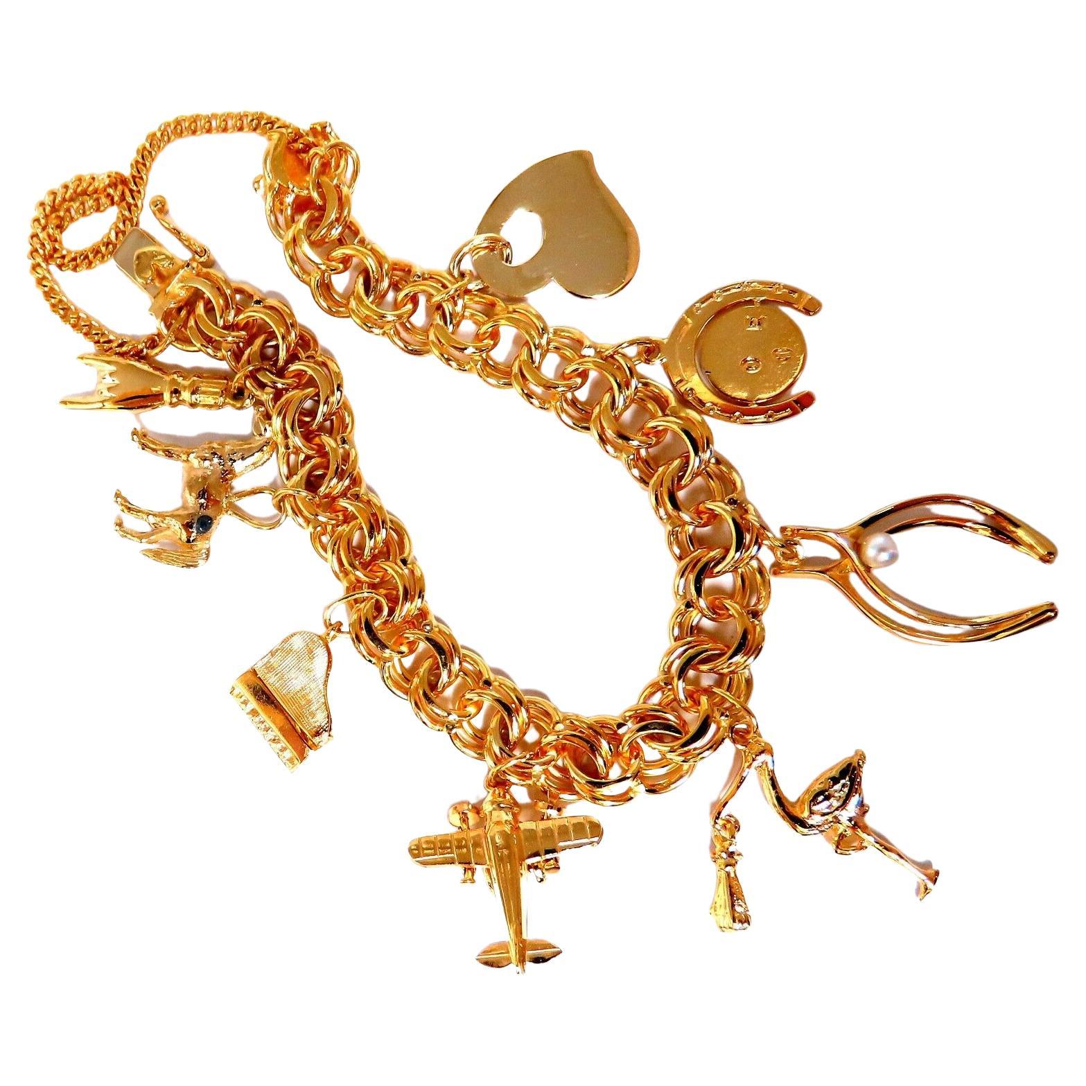 Eight Charms Link Bracelet 14kt Gold 43gm For Sale