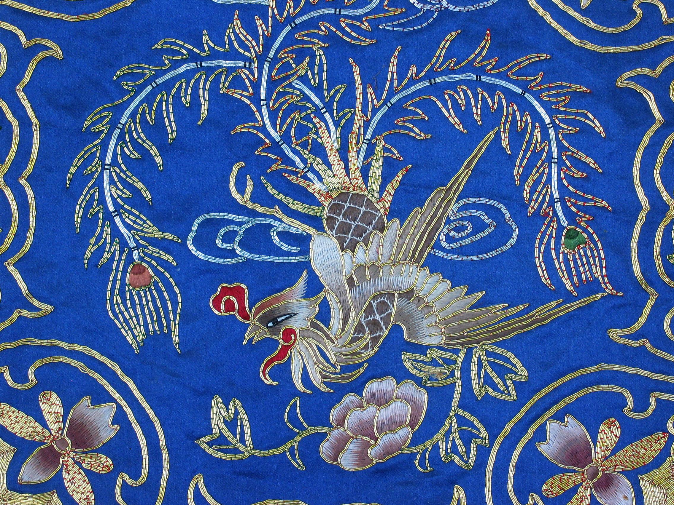 20th Century Eight Chinese Hand Embroidered Silk Blue Ground and Metallic Thread Mats For Sale