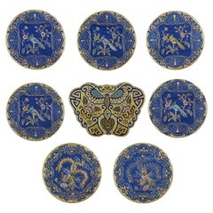 Eight Chinese Hand Embroidered Silk Blue Ground and Metallic Thread Mats