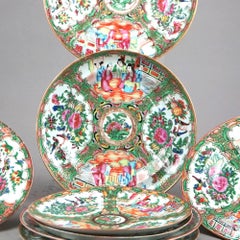 Eight Chinese Rose Medallion Porcelain Dishes with Genre & Garden Scenes 20thC