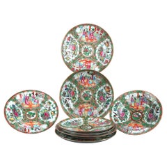 Eight Chinese Rose Medallion Porcelain Dishes with Genre & Garden Scenes 20thC