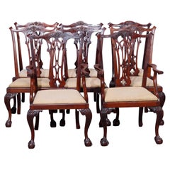 Eight Chippendale Mahogany Reticulated Slat Back & Claw Foot Dining Chairs c1940
