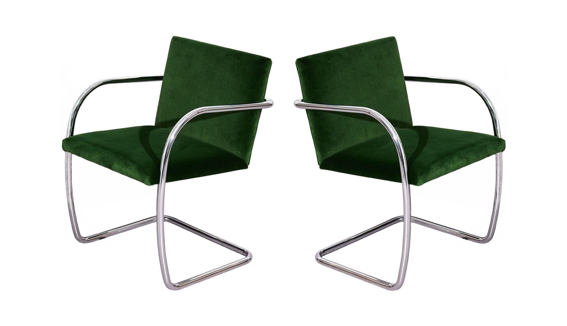Mid-Century Modern Eight Chrome & Green Velvet Mies van der Rohe Tubular Brno Chairs by Knoll
