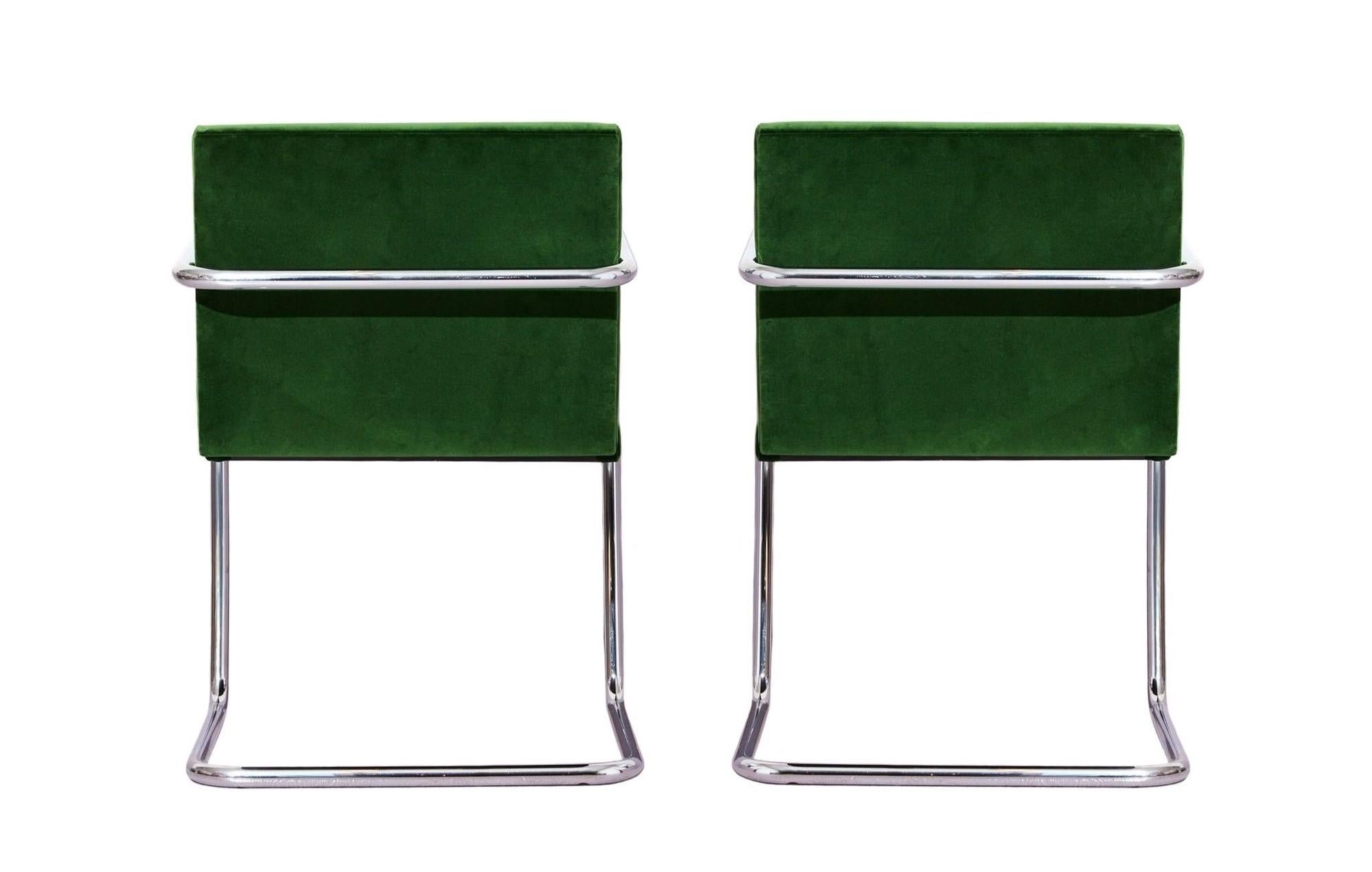 American Eight Chrome & Green Velvet Mies van der Rohe Tubular Brno Chairs by Knoll