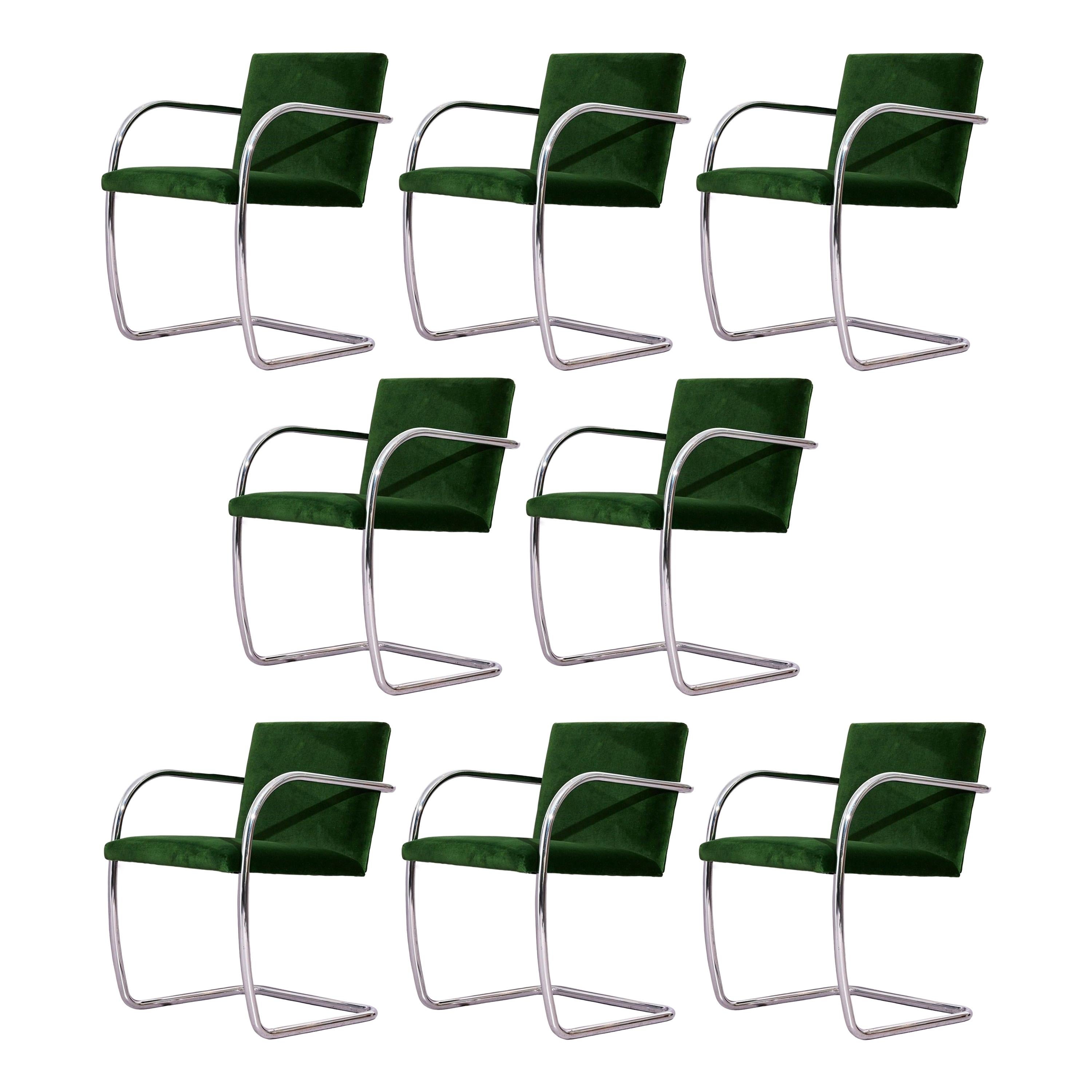 Eight Chrome & Green Velvet Mies van der Rohe Tubular Brno Chairs by Knoll