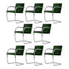 Eight Chrome & Green Velvet Mies van der Rohe Tubular Brno Chairs by Knoll