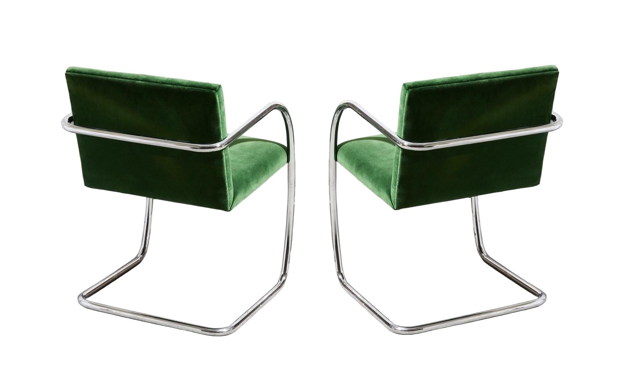 Eight Chrome Mies van der Rohe Tubular Brno Chairs by Knoll in Green Velvet In Good Condition For Sale In Dallas, TX