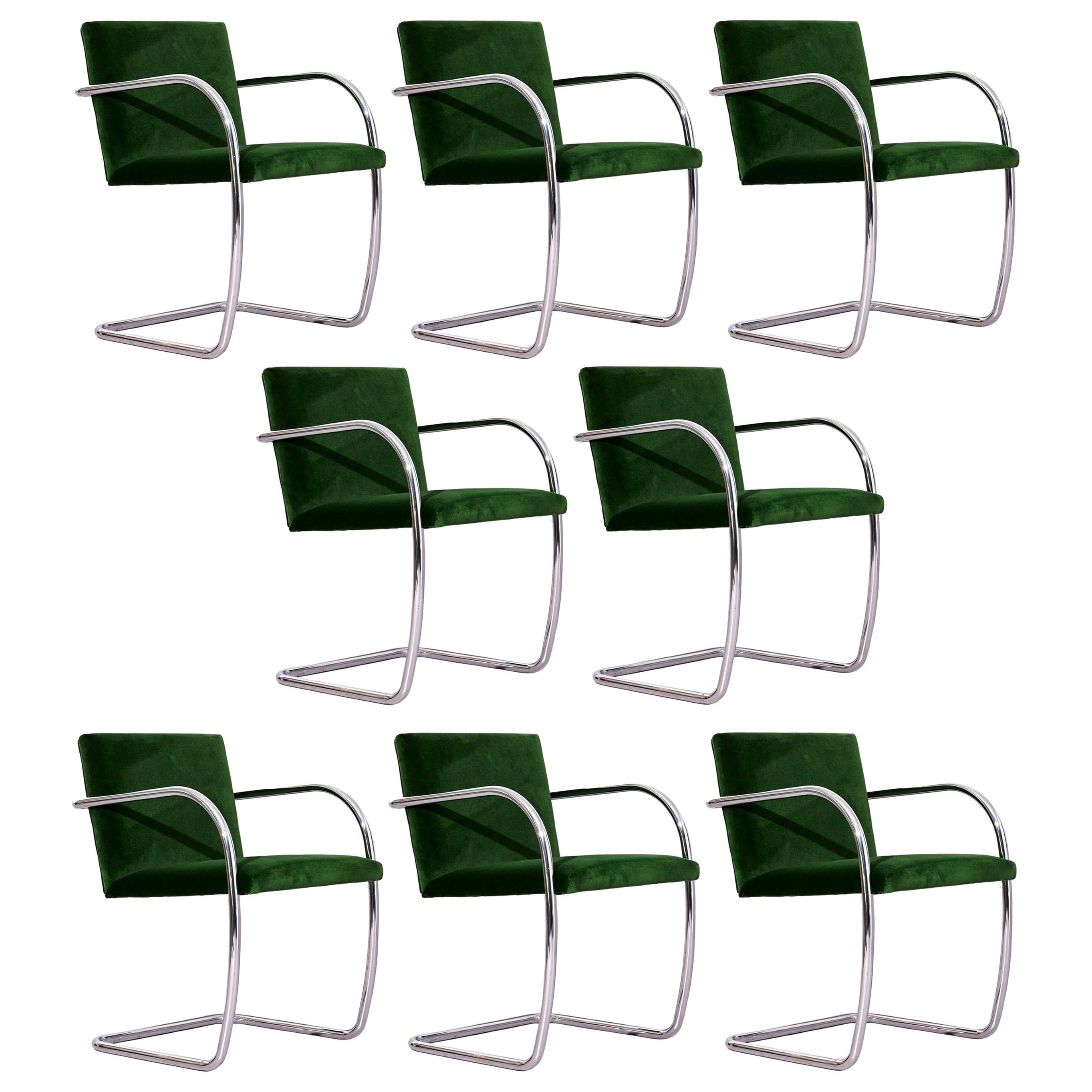 Eight Chrome Mies van der Rohe Tubular Brno Chairs by Knoll in Green Velvet