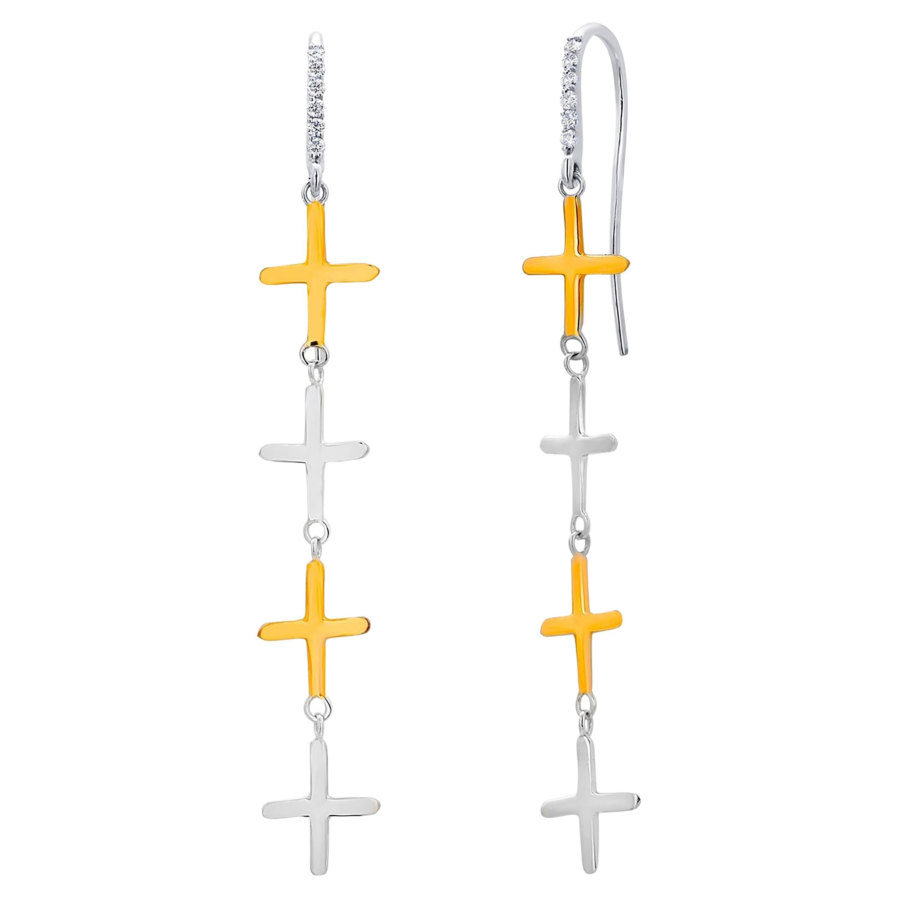 Eight Crosses White Yellow Gold Diamond 0.25 Carat Shepherd Hoop 2.60" Earrings  For Sale