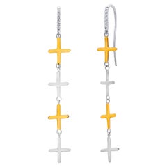 Eight Crosses White Yellow Gold Diamond 0.25 Carat Shepherd Hoop 2.60" Earrings 