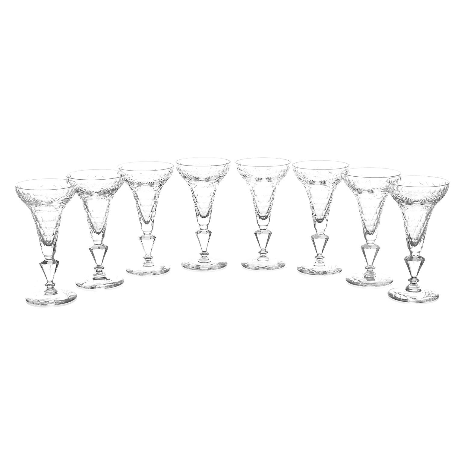 English Eight Crystal Hollow Stem Champagne Goblets, circa 1895, England
