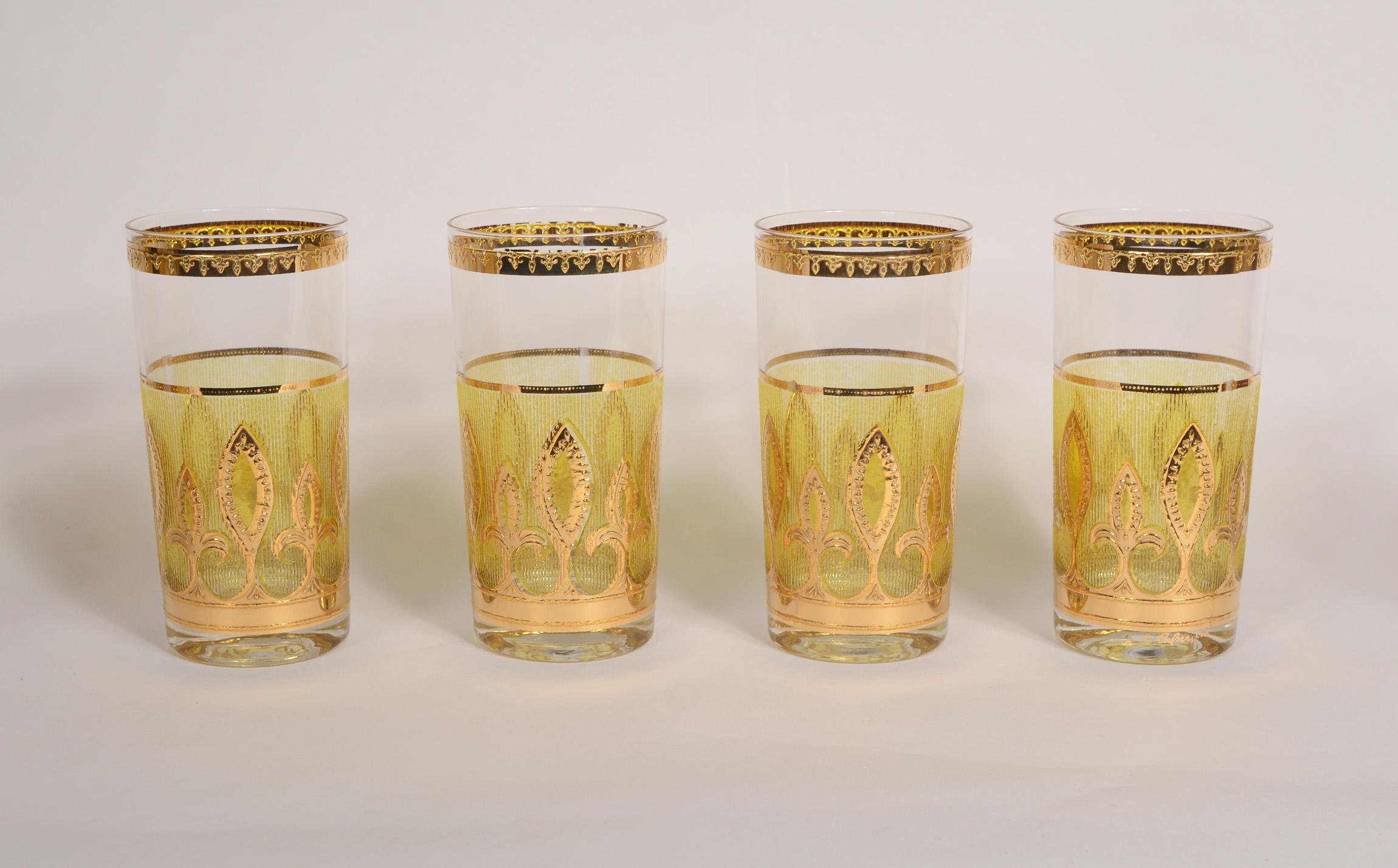 Highball glasses with a fleur-de-lis design in gold by Culver. These have seen very little use. The gold is in very good condition.