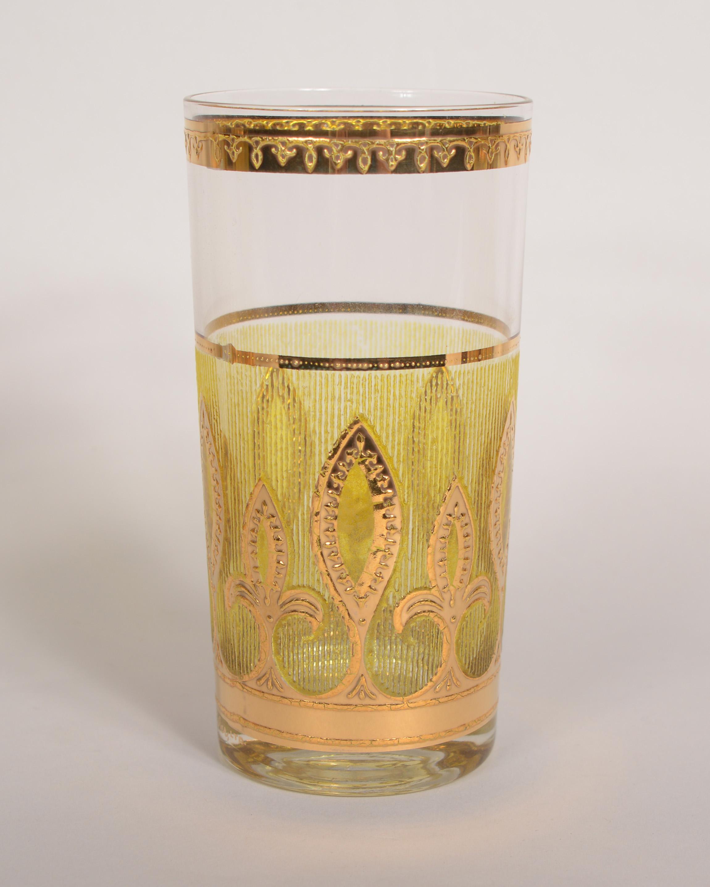 Hollywood Regency Eight Culver Highball Glasses with 22 Karat Gold Detail For Sale