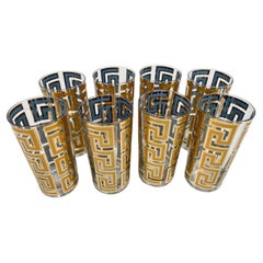 Eight Culver, LTD. Gold Over Blue "Greek Key" Highball Glasses