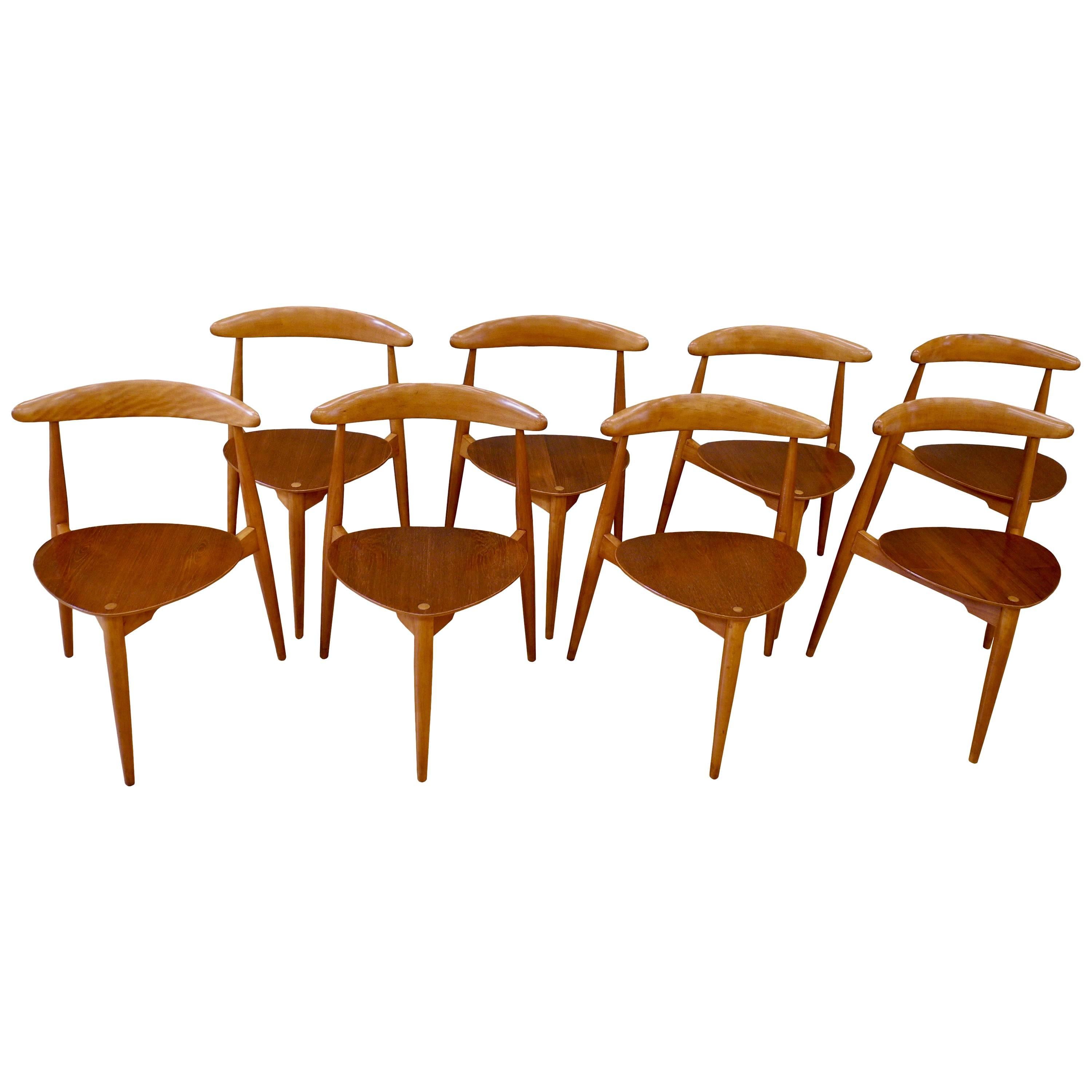 Eight Danish Modern Heart Chairs in Teak and Beech by Hans Wegner For Sale