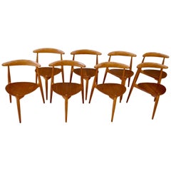 Eight Danish Modern Heart Chairs in Teak and Beech by Hans Wegner