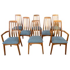 Eight Danish Style Rail-back High Back Teak Dining Chairs by Benny Linden