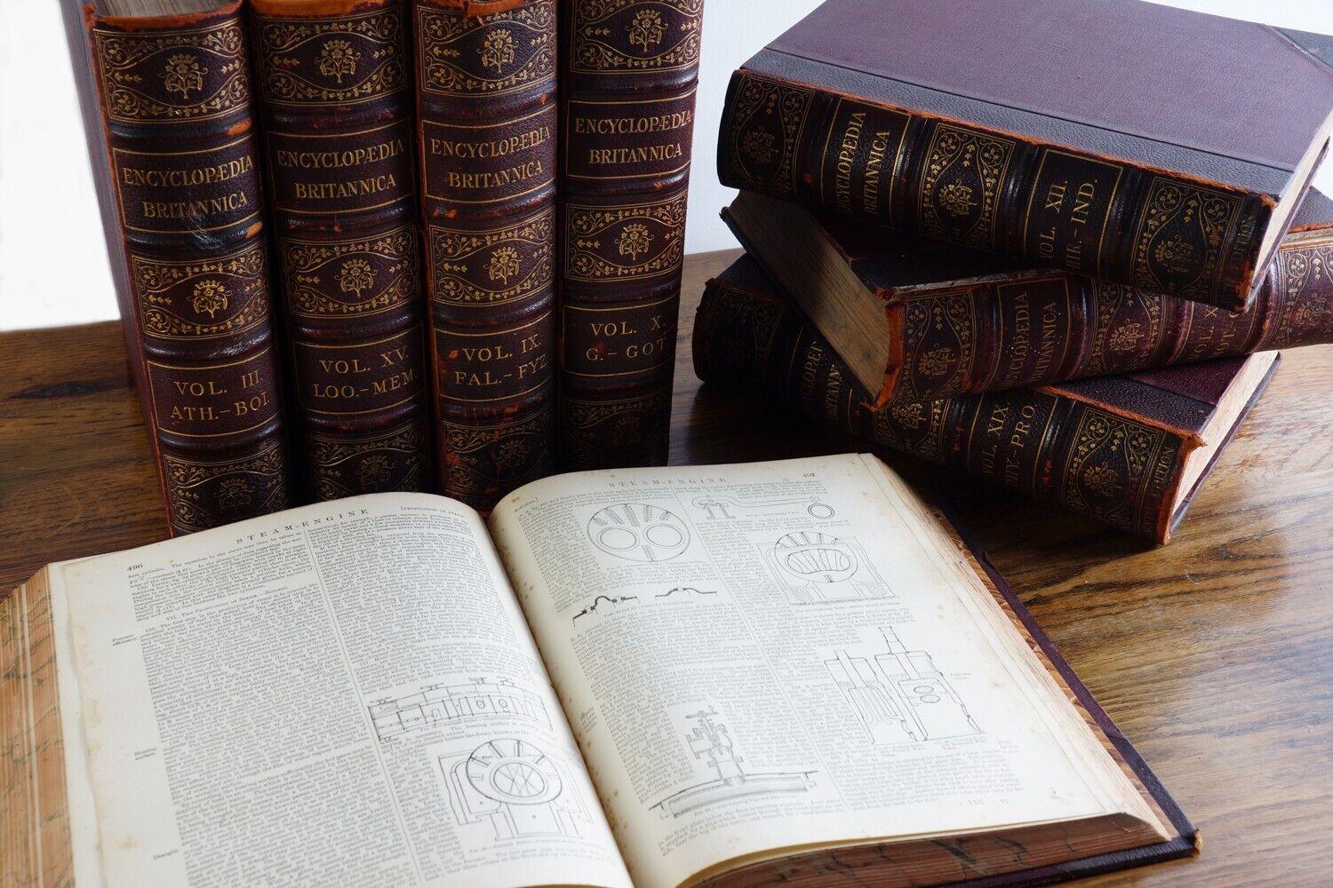 Ledergebundene Bücher 

Diese antiken Encyclopedia Britannica-Bücher sind eine großartige Ergänzung für jede Sammlung. 
Jedes Set besteht aus acht Büchern mit ledergebundenen Einbänden, die jedem Bücherregal oder jeder Vitrine eine solide Präsenz