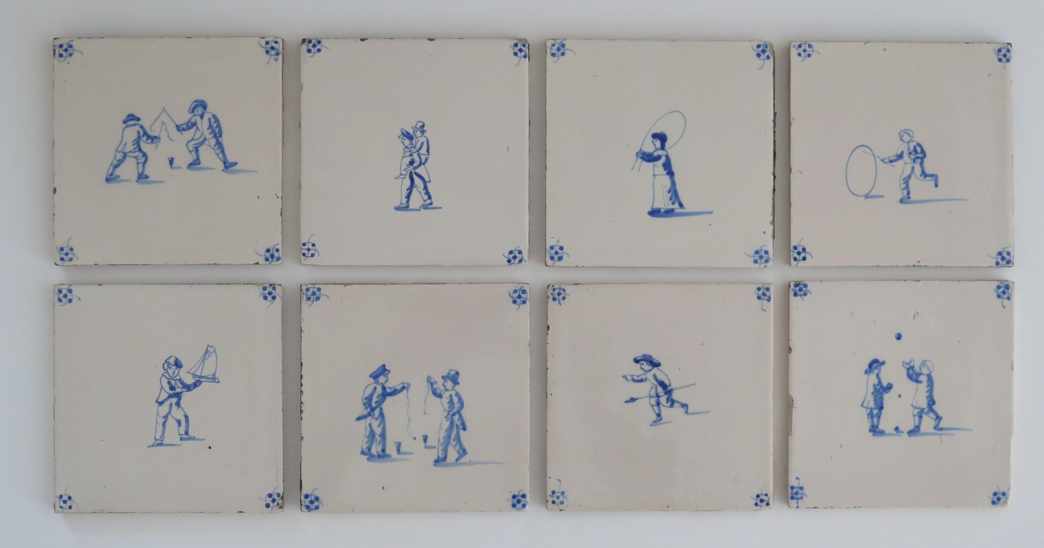 Dutch Colonial Eight Delft Blue and White Tiles All Hand Painted, Dutch 19th Century