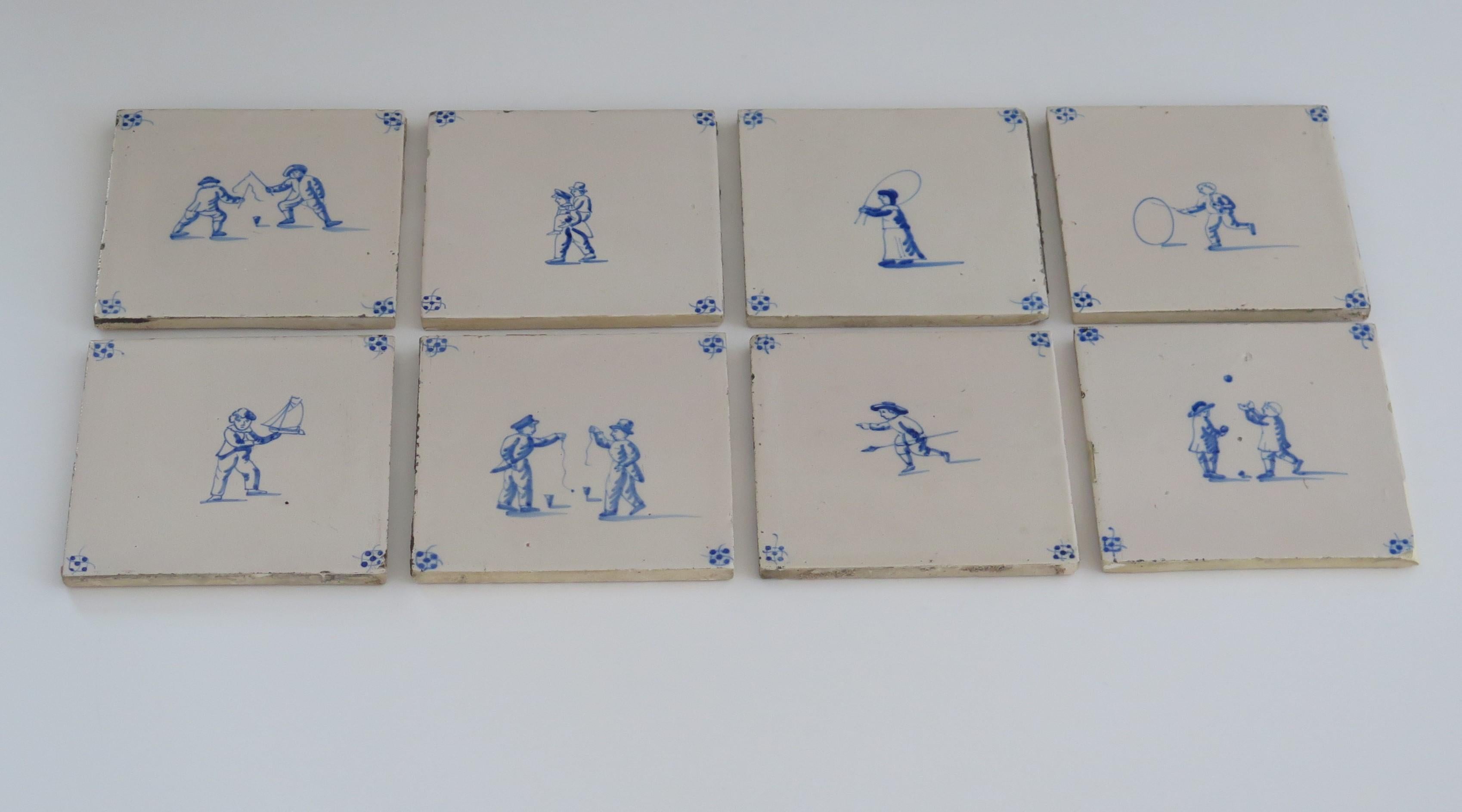 Hand-Painted Eight Delft Blue and White Tiles All Hand Painted, Dutch 19th Century