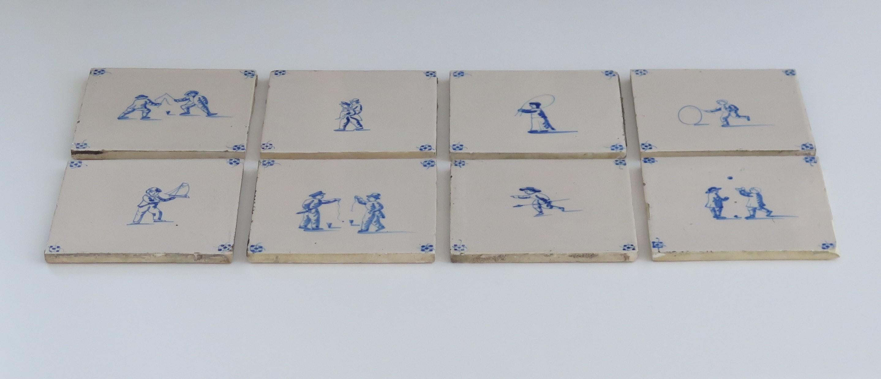 Eight Delft Blue and White Tiles All Hand Painted, Dutch 19th Century In Good Condition In Lincoln, Lincolnshire