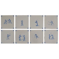 Eight Delft Blue and White Tiles All Hand Painted, Dutch 19th Century