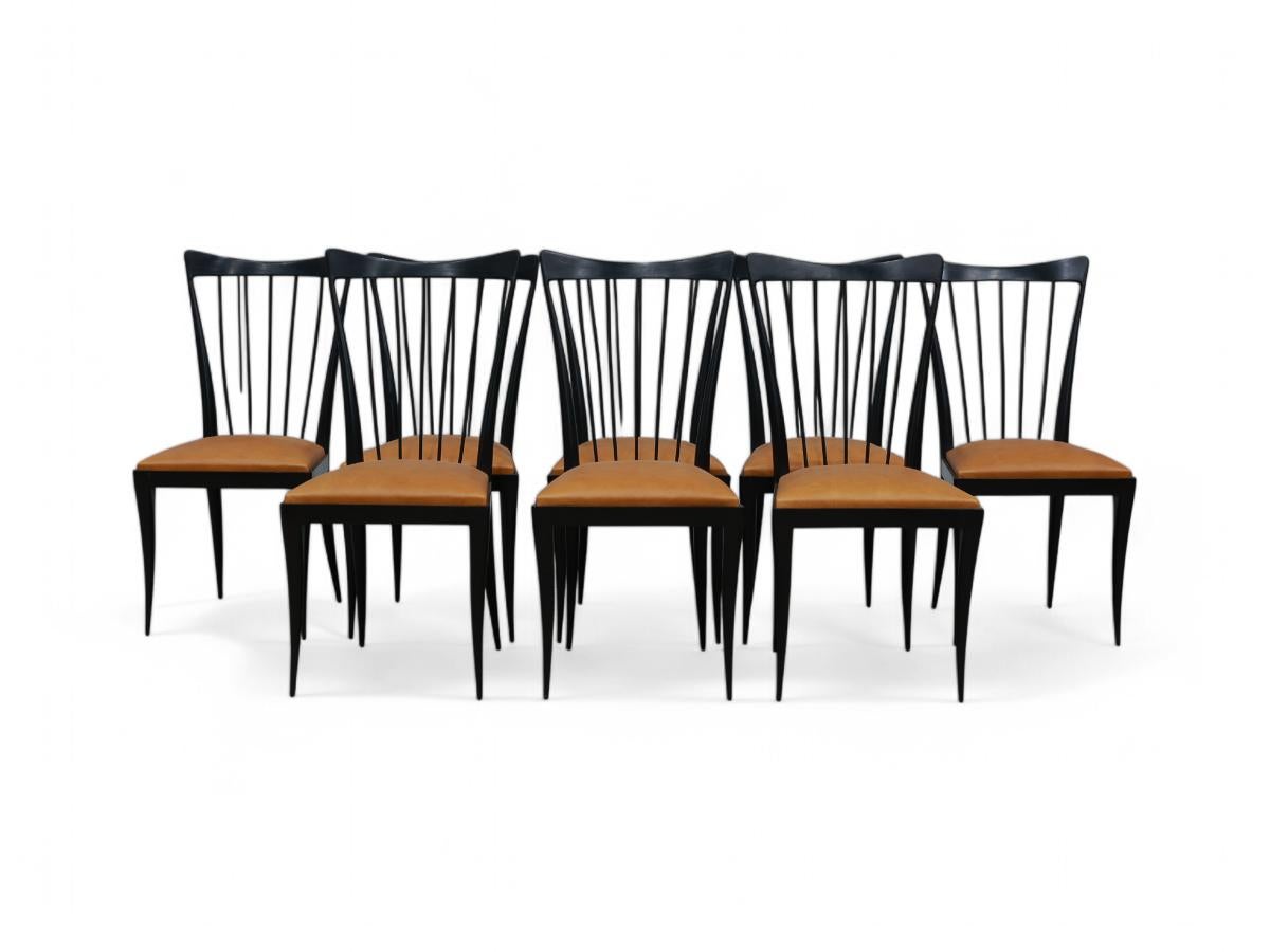 Brazilian Eight Dining Chair Set in Hardwood & beige leather, Giuseppe Scapinelli, Brazil For Sale