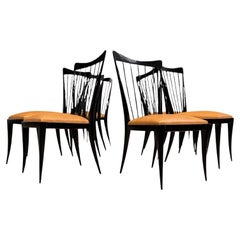 Eight Dining Chair Set in Hardwood & beige leather, Giuseppe Scapinelli, 1950s