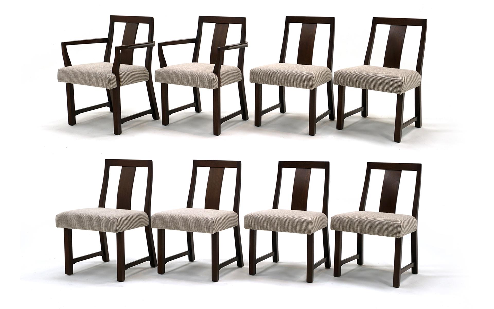 Set of 8 expertly refinished and reupholstered Dining Chairs in dark Mahogany with Knoll Cato Fabric.  Two armchairs and six side chairs make up this stunning set.  Two chairs are signed with the Dunbar Brass D.  Very comfortable and ready to use.
