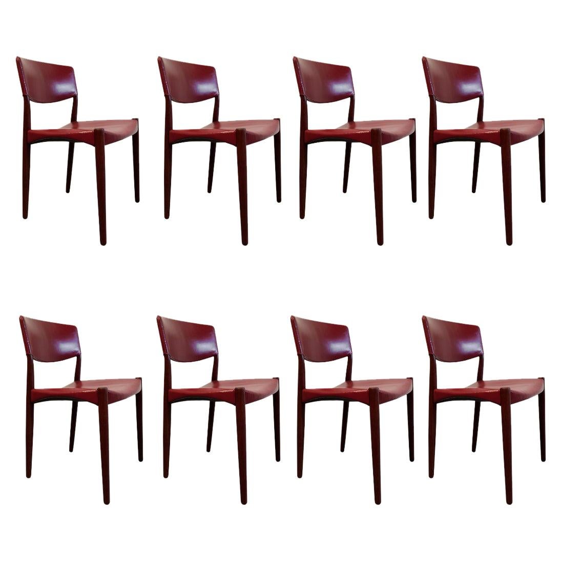 Eight Dining Chairs by Ejner Larsen & Aksel Bender Madsen Red Leather Teak Brown For Sale