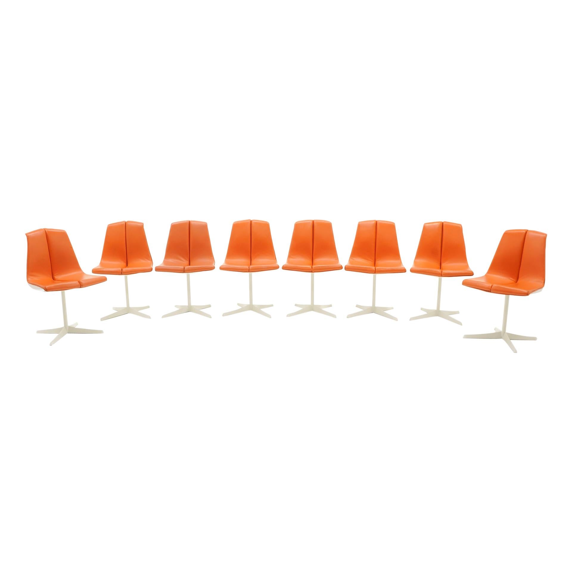 Eight Dining Chairs by Richard Schultz for Knoll. White Frames, Red Orange Seats