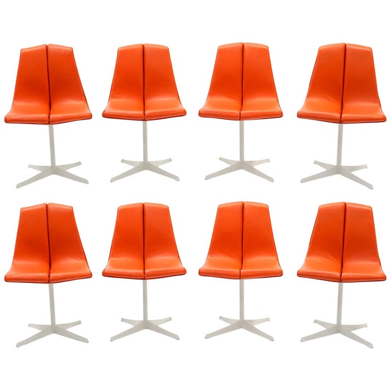 Eight Dining Chairs by Richard Schultz for Knoll, White Frames, Red Orange Seats 1