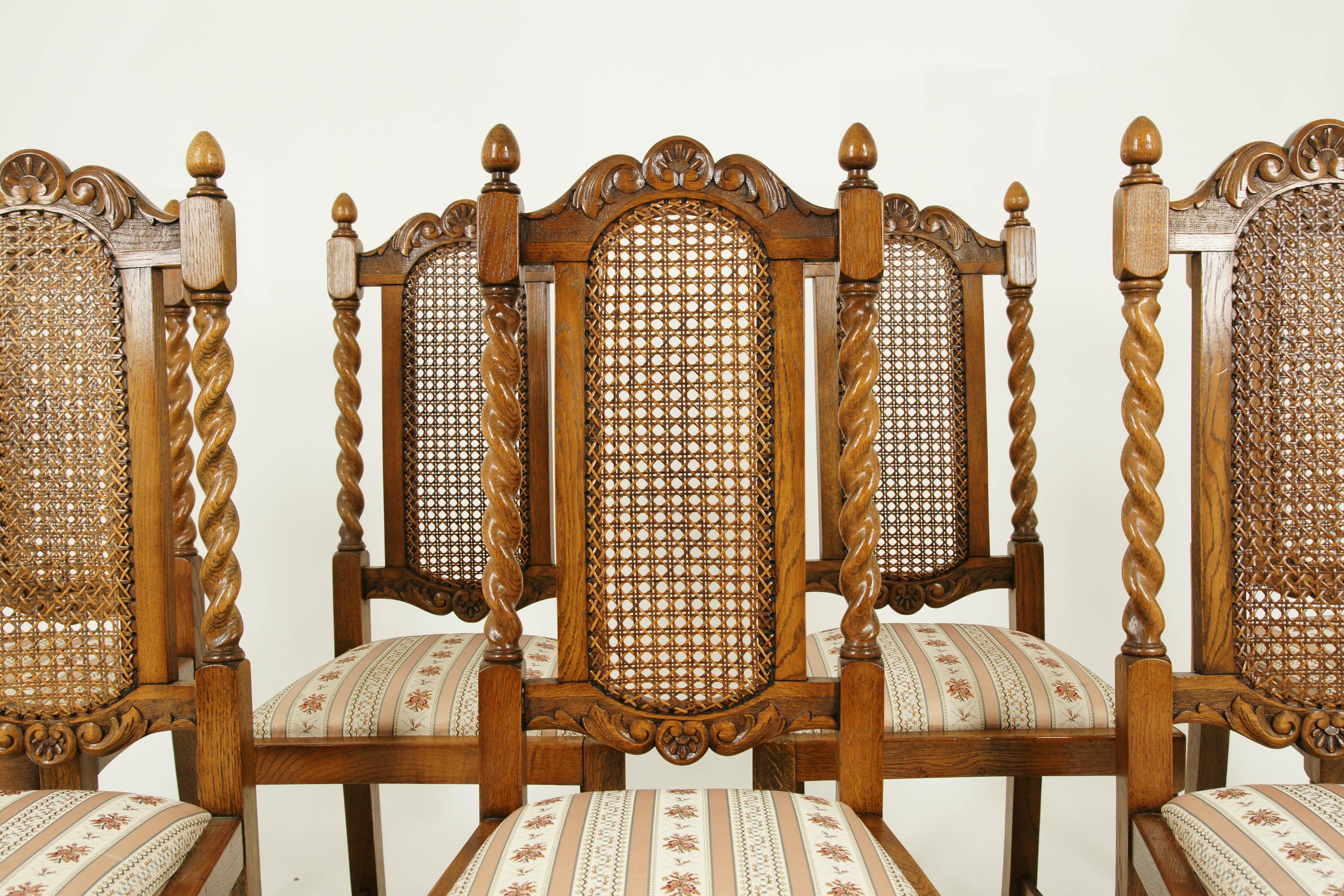 Eight dining chairs, cane back chairs, Barley Twist chairs, Scotland, 1920, B1534

Scotland, 1920
Solid oak
Refinished in the last 20 years
Carved rail
Cane backs
Barley twist supports with finial top
Refinished pop out seat cushions
Barley